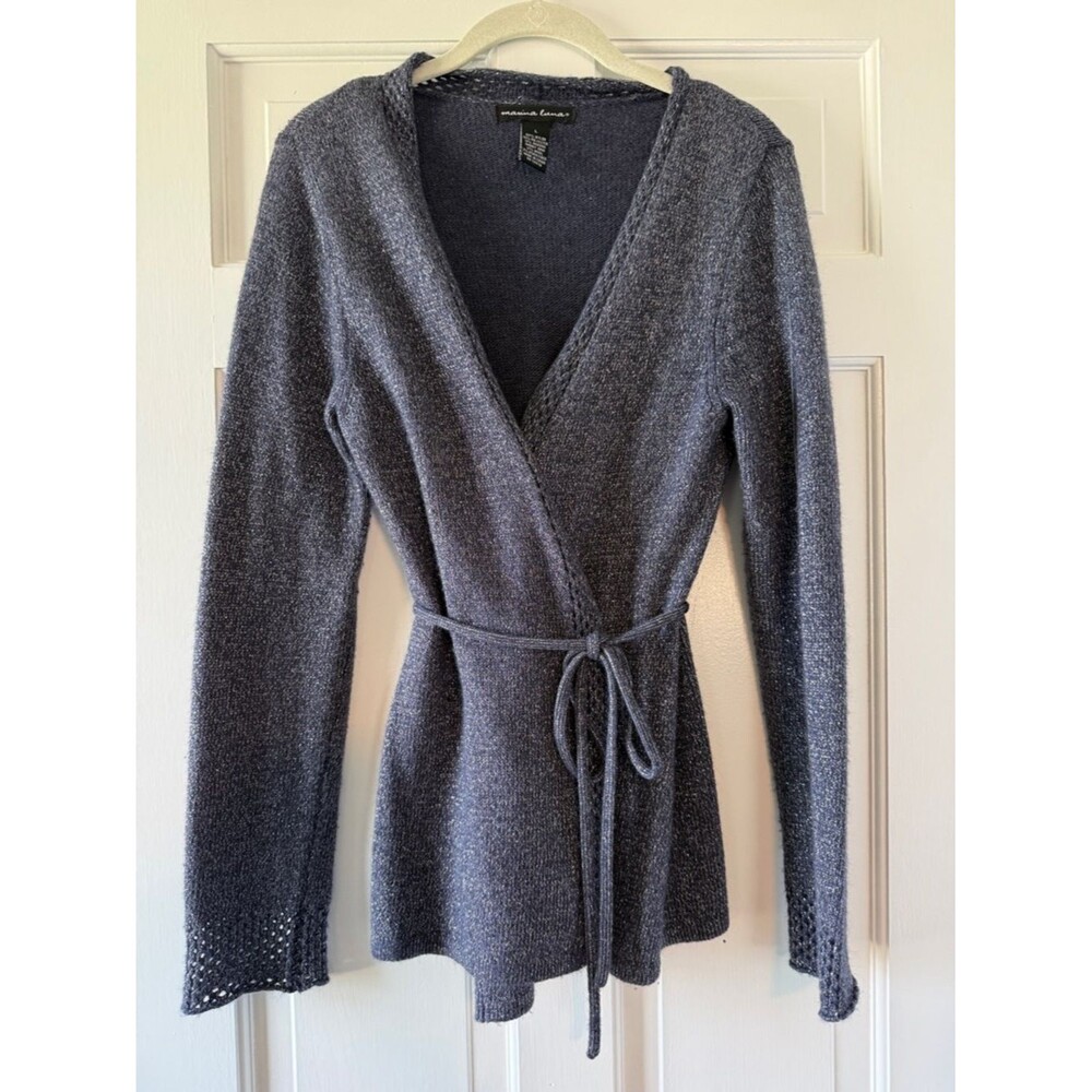 MARINA LUNA ANGORA WOOL STEEL DENIM BLUE SILVER WRAP CARDIGAN SWEATER LARGE